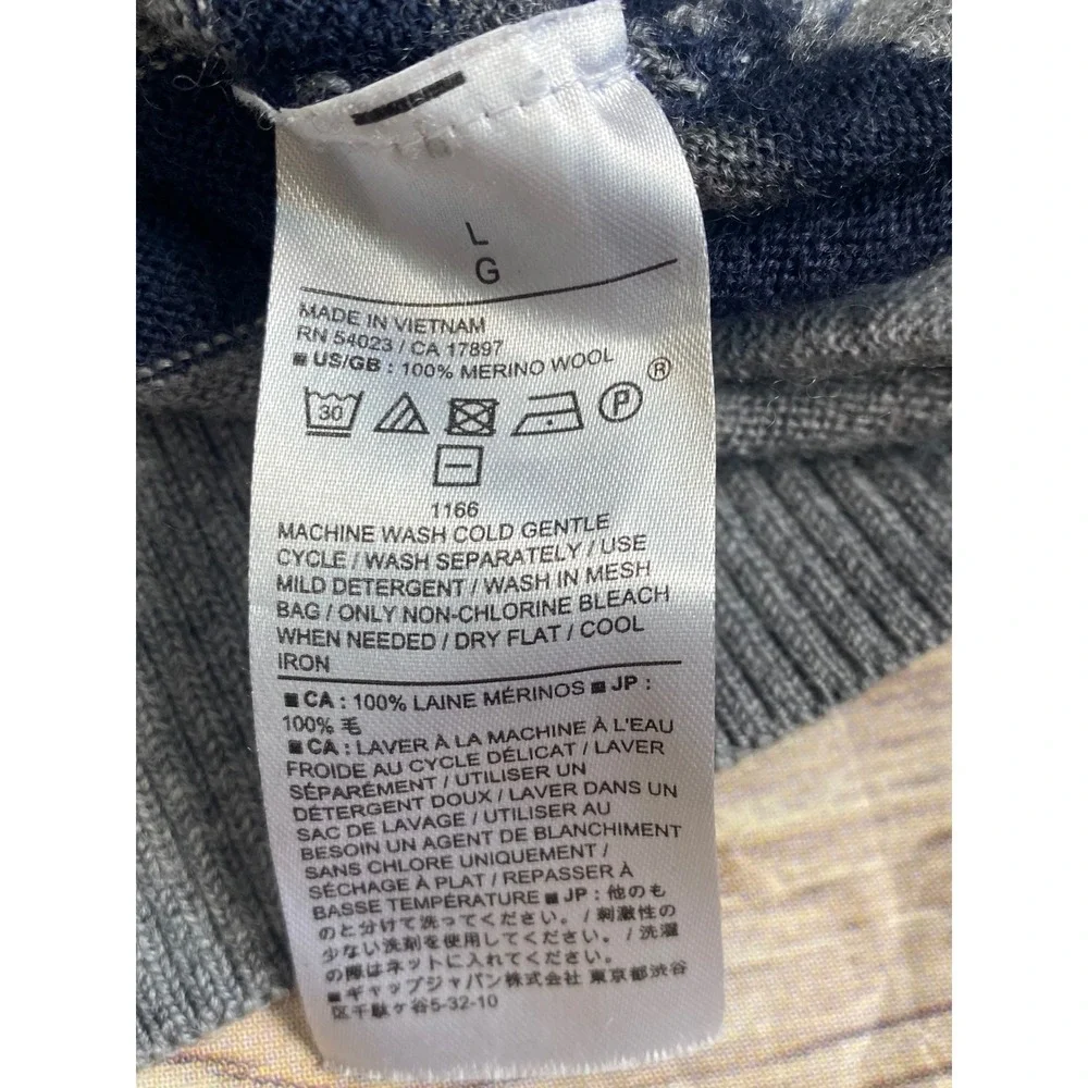 Banana Republic Mens Large 100% Merino Wool Striped Crewneck Sweater Grey Navy